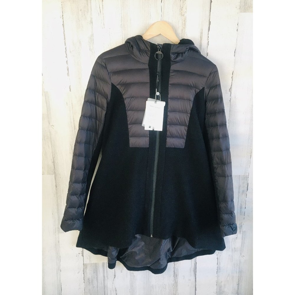 NWT DKNY Premium Down Puffer Jacket and Wool Hooded Hi Lo Black Swing Trapeze M